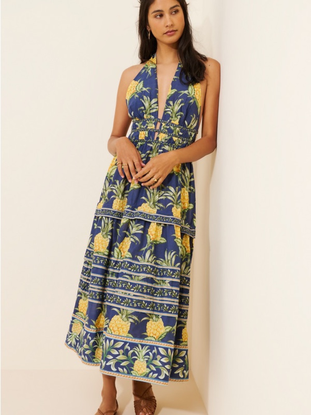 FARM Rio Navy Halter Maxi Dress with Yellow Pineapple Print